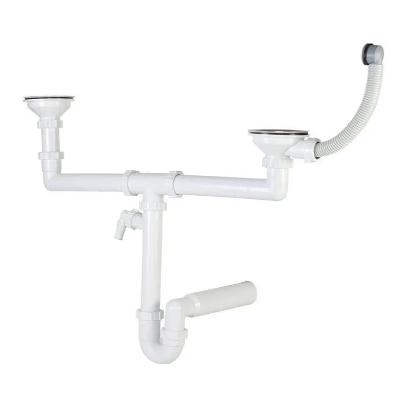 Styron kétmedencés mosogató szifon, kerek túlfolyóval, két Ø114 mm-es leeresztőszeleppel (STY-657-1) Prémium