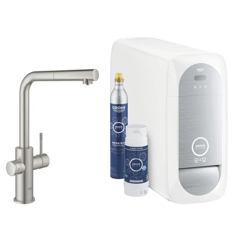 Ne maradj le Grohe Blue Home L-kifolyós kezdőkészlet S-es méretű filterrel, kihúzható fejjel, szín: SuperSteel (31539DC0)