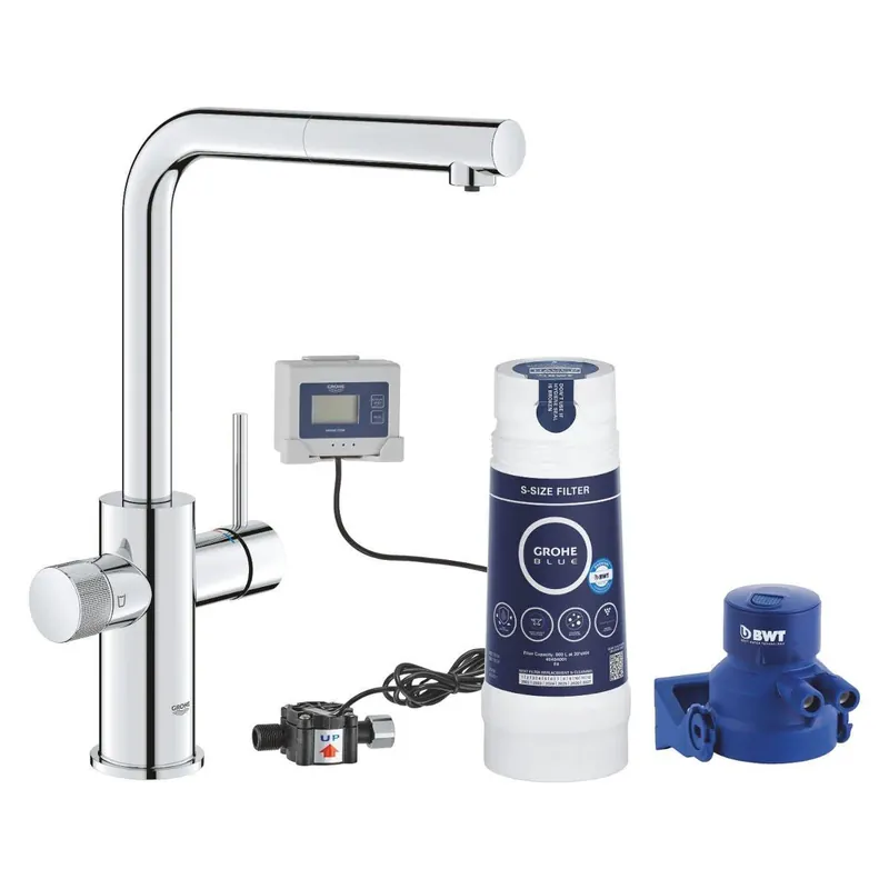 Árengedmény Grohe Blue Pure Minta L-kifolyós kezdőkészlet S-es méretű filterrel, kihúzható fejjel, króm (30591000)