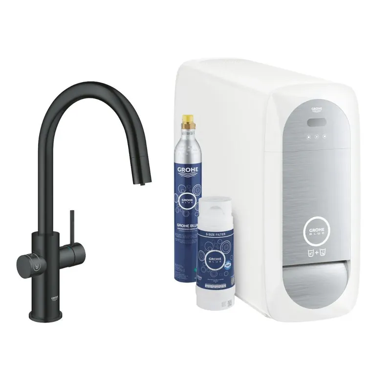 Prémium Grohe Blue Home C-kifolyós kezdőkészlet S-es méretű filterrel, kihúzható fejjel, bársony fekete (31541KS0)
