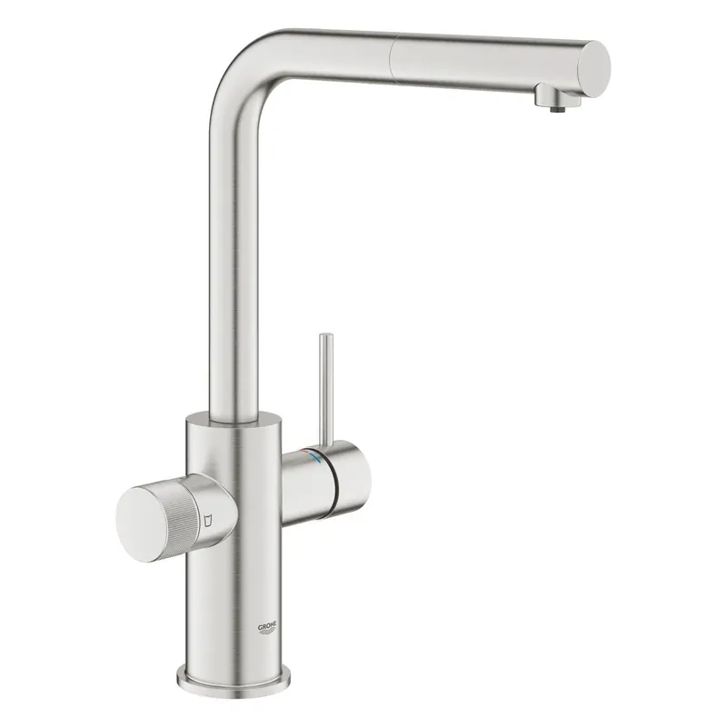 Olcsóbb Grohe Blue Pure Minta L-kifolyós vízszűrős csaptelep kihúzható fejjel, szín: SuperSteel (30590DC0)