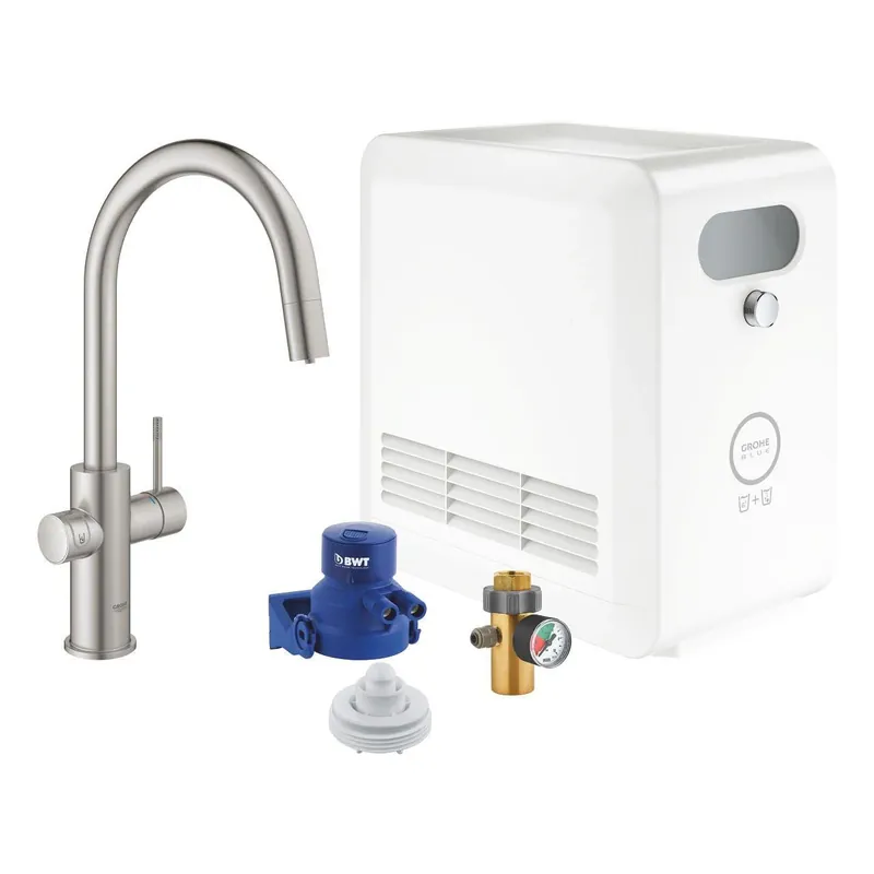 Gyors kiszállítás Grohe Blue Professional C-kifolyós kezdőkészlet kihúzható fejjel, szín: SuperSteel (31325DC2)