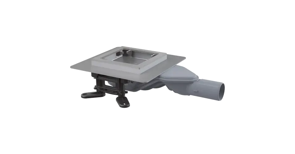 Prémium ALCA APV110 rozsdamentes padlóösszefolyó extra-alacsony 130×130 mm vízszintes, rács nélkül, vizes bűzzár