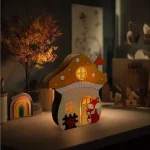 Világító dekoráció - gomba ház rókával - 15 x 16 x 5 cm - fából Gyors szállítás
