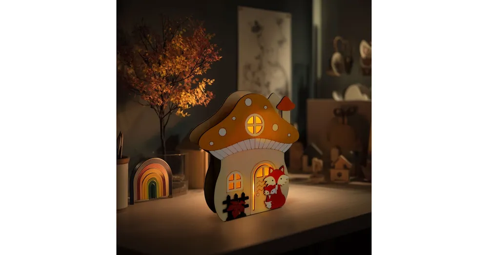 Világító dekoráció - gomba ház rókával - 15 x 16 x 5 cm - fából Gyors szállítás