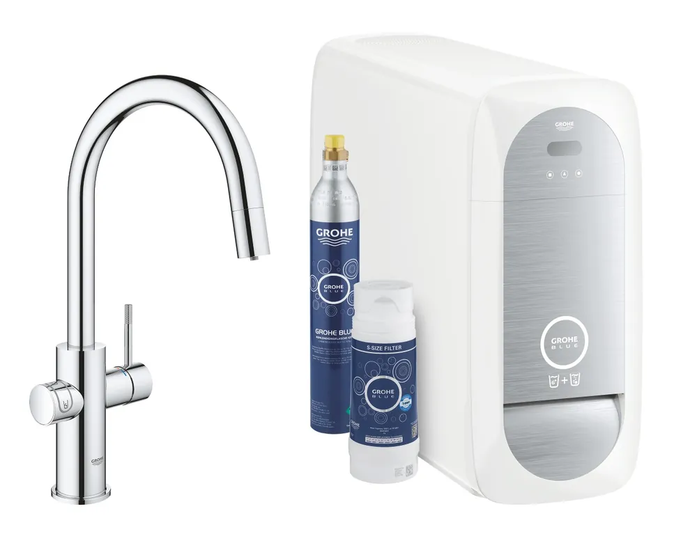 Vásárlói kedvenc Grohe, Blue Home vízszűrős konyhai mosogató, C-kifolyós, kihúzható zuhanyfejjel, kezdő készlet 31541000