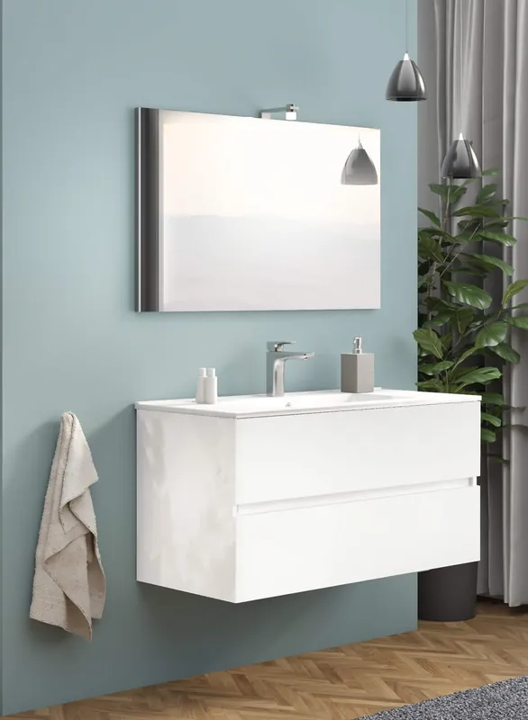 Azonnali szállítás S-Due, Easy fürdőszoba bútor 100 cm, tükör 80x60 cm,LED világítás, fényes fehér, 101x117x46 EASY100/F00