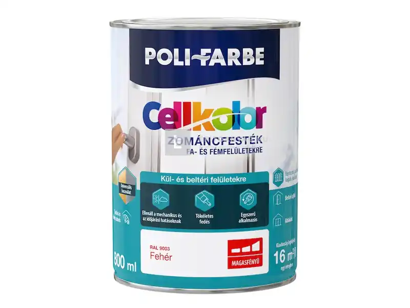 Gyors kiszállítás Poli-Farbe Cellkolor magasfényű zománcfesték RAL 9003 fehér 0,8 l