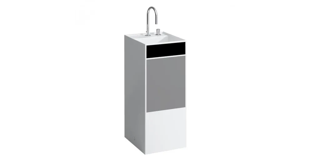 Kiárusítás LAUFEN KARTELL BY LAUFEN Szabadon álló mosdó, speciális rejtett lefolyóval egy csaplyuk, egy nyílás jobb oldalon elektronikus vezérlő szelep részére, túlfolyónyílás nélkül , Foltok, fekete szürke H811331D038151