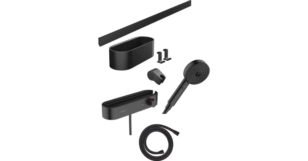 Hansgrohe WallStoris Szett kézizuhany 105, 3 jet EcoSmart Activation, termosztát, zuhanyrúd 70cm, tároló szett, matt fekete 24250670 Prémium