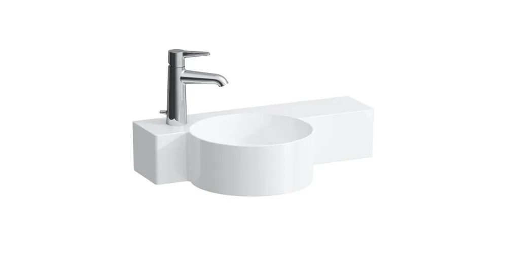 LAUFEN VAL Kézmosó, kör alakú, jobb oldali polccal, 430 mm-re vágható, túlfolyónyílás nélkül, 1 csaplyukkal bal oldalon, Fehér LCC Active bevonattal H815283A001131 Kedvezményes ár