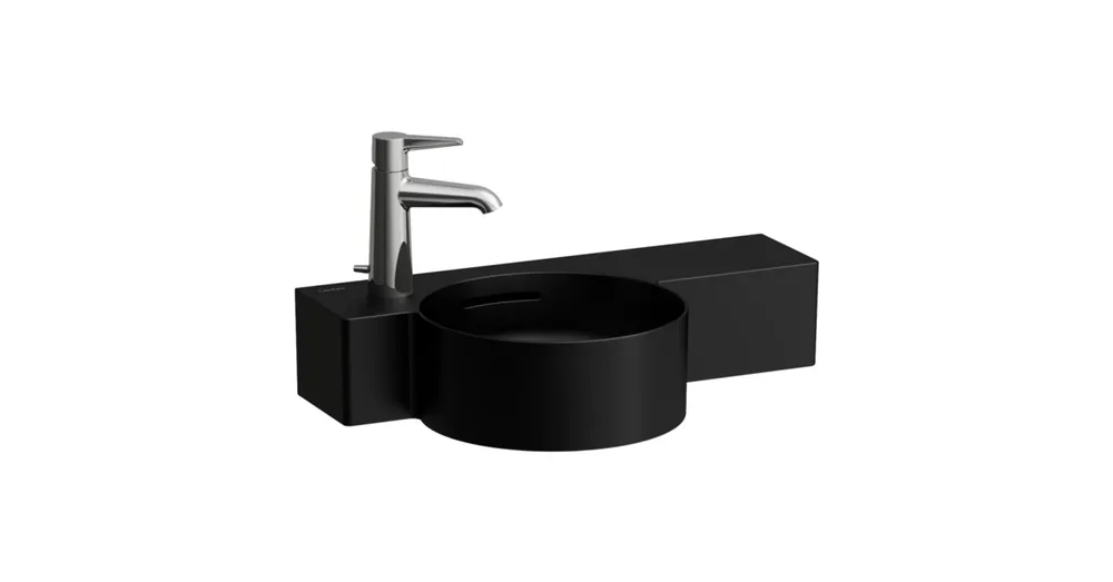 Bestseller LAUFEN VAL Kézmosó, kör alakú, jobb oldali polccal, 1 csaplyukkal bal oldalon, Fekete matt H8152837161051