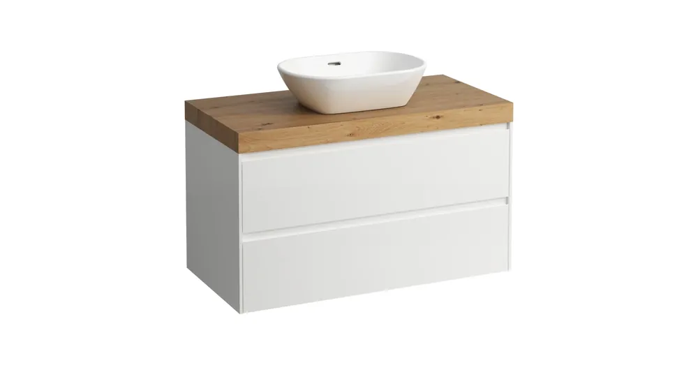 LAUFEN LANI Moduláris alsószekrény, 100 cm, 2 fiókkal, mosdótartó lap 65 mm vastagsággal, kivágással középen, .267 tölgy felülettel, Matt Fehér H4065611122601 Ne maradj le