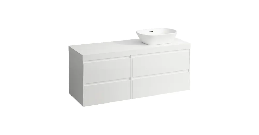 LAUFEN LANI Moduláris alsószekrény, 140 cm, 4 fiókkal, jobb oldalon 80 cm-es 2 fiókos elemmel, bal oldalon 60 cm-es 2 fiókos elemmel, mosdótartó lap 65 mm vastagsággal, kivágással jobb oldalon, matt fehér színben, Fényes Fehér H4045831122611 Azonnal elérhető