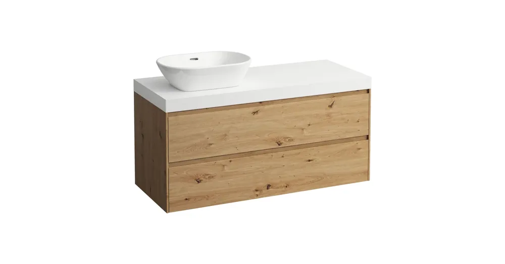 LAUFEN LANI Moduláris alsószekrény, 120 cm, 2 fiókkal, mosdótartó lap 65 mm vastagsággal, kivágással bal oldalon, matt fehér színben, Vad Tölgy H4045721122671 Biztonságos fizetés