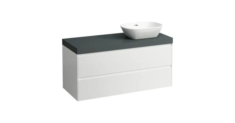 LAUFEN LANI Moduláris alsószekrény, 120 cm, 2 fiókkal, mosdótartó lap 65 mm vastagsággal, kivágással jobb oldalon, .266 szürke színben, Fényes Fehér H4055731122611 Legkelendőbb