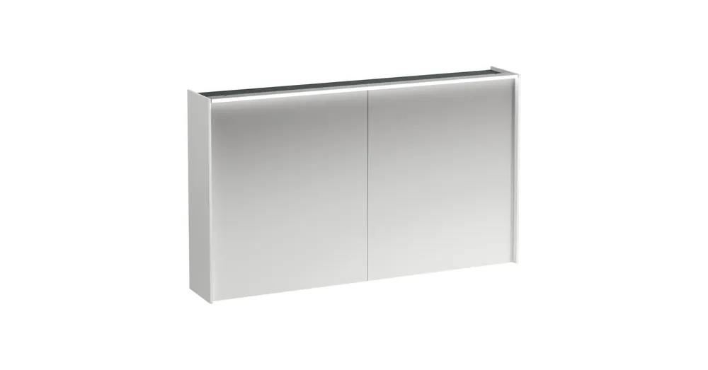 Különleges ajánlat LAUFEN LANI Tükrös szekrény, 120 cm, 2 ajtóval, vízszintes LED világítással, 2 üveg polccal, 1 dugaljjal, Fényes Fehér H4038221122611