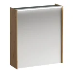 Azonnal elérhető LAUFEN LANI Tükrös szekrény, 60 cm, 1 ajtóval, ajtózsanér jobb oldalon, vízszintes LED világítással, 2 üveg polccal, 1 dugaljjal, Vad Tölgy H4037321122671