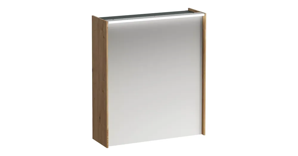 Azonnal elérhető LAUFEN LANI Tükrös szekrény, 60 cm, 1 ajtóval, ajtózsanér jobb oldalon, vízszintes LED világítással, 2 üveg polccal, 1 dugaljjal, Vad Tölgy H4037321122671