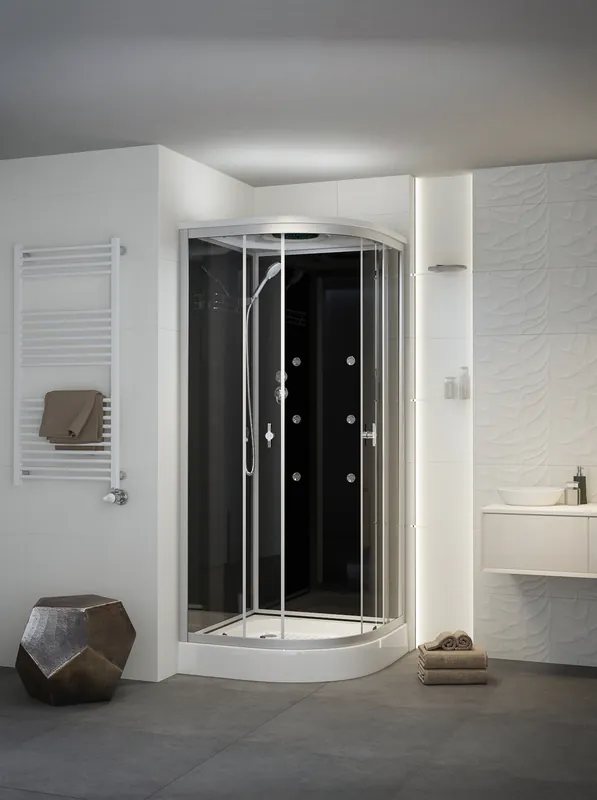 Sanimix 90x90 cm negyedköríves hátfalas hidromasszázs zuhanykabin zuhanytálcával, fekete üveg 22.1058 BLACK/3Sanimix Utolsó esély