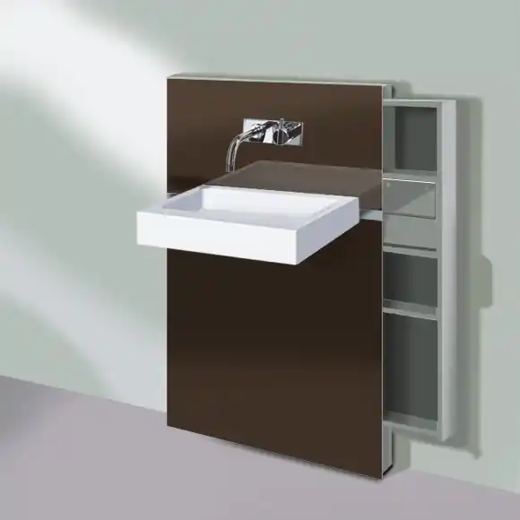 Geberit Monolith szerelőmodul mosdóhoz, fali csapteleppel bal oldali kezelővel, jobb oldali tárolóval barna üveg / alumínium 131.045.SQ.1Geberit Outlet