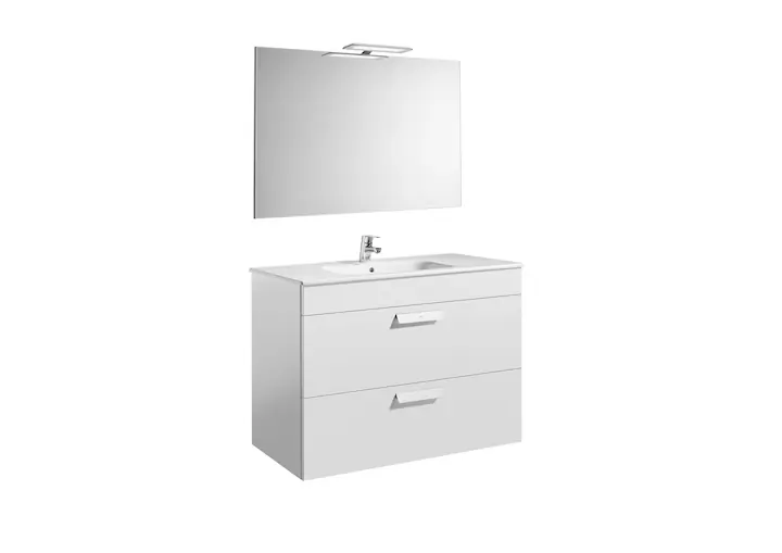 Ajánlat Roca Pack Debba Standard 1000 alsószekrény két fiókkal, mosdóval, tükörrel és spotlámpával LED, fehér A855988806Roca