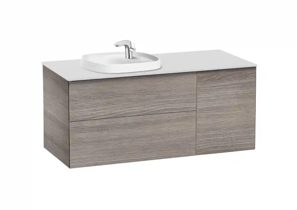 Újdonság Roca Beyond 120 cm balos fürdőszoba bútor beépíthető mosdóval, texturált tölgy A851412402Roca