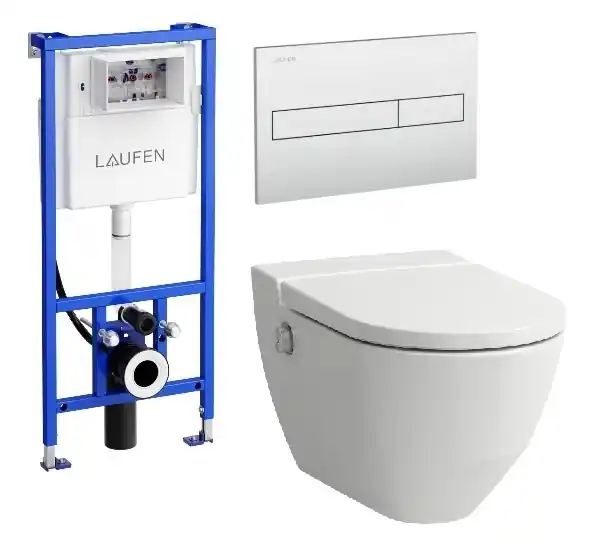 Végkiárusítás Laufen Naiva okos wc szett, fehér wc csésze matt króm nyomólappal SZP-LA15, (H8206014000001, H8946660000001, H8956610070001)Laufen