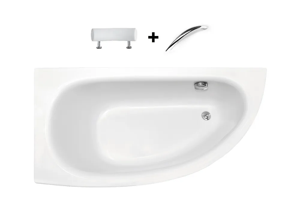 Akció Besco MILENA PREMIUM 150x70 cm balos aszimmetrikus kád fejpárnával és kapaszkodóval, fehér WAM-150-NLSBesco